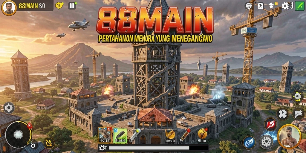 Screenshot utama 88MAIN menampilkan aksi pertahanan menara yang mendebarkan.