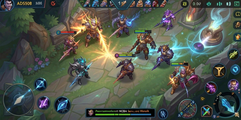 Screenshot gameplay ADS508 menampilkan pertarungan intens dengan karakter unik.