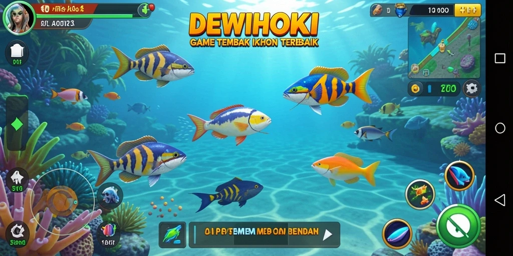 Screenshot gameplay DEWIHOKI menampilkan aksi menembak ikan yang seru.