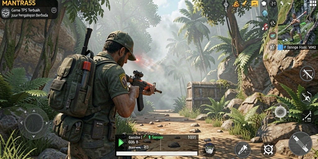Tampilan screenshot gameplay seru dalam MANTRA55 dengan aksi tembak-menembak intens.