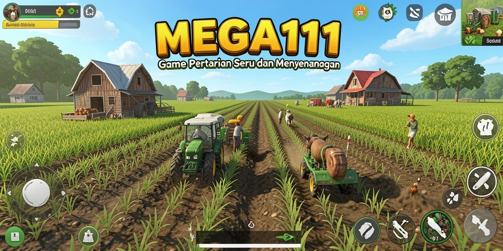 Screenshot gameplay MEGA111 yang menampilkan ladang subur dan aktivitas pertanian.