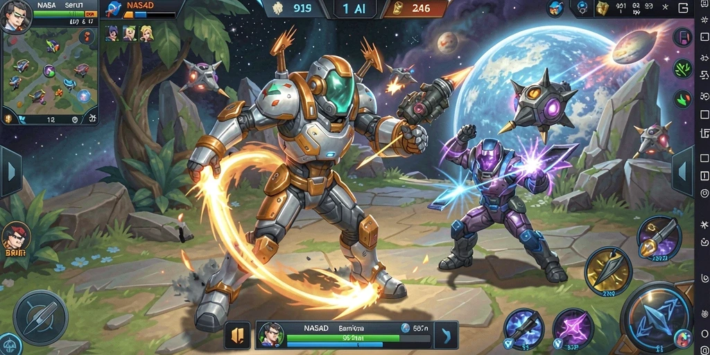 Tampilan gameplay seru dari NASA4D dengan pertarungan MOBA yang intens.