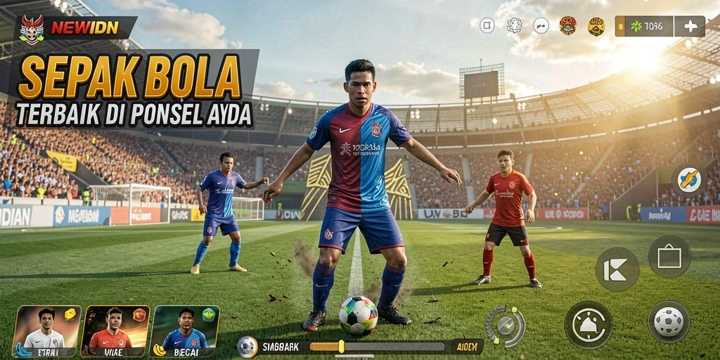 Tampilan utama game NEWIDN dengan aksi sepak bola yang menegangkan.