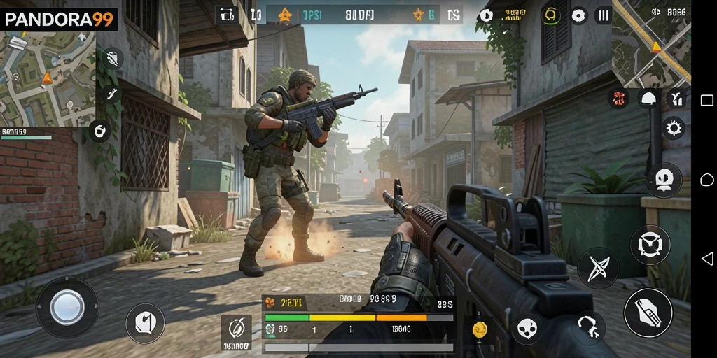 Tampilan gameplay PANDORA99 dengan aksi tembak-menembak mendebarkan.