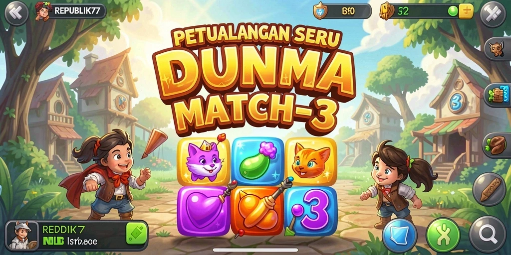 Screenshot gameplay REPUBLIK77 menampilkan kombinasi warna-warni dalam tantangan Match-3.