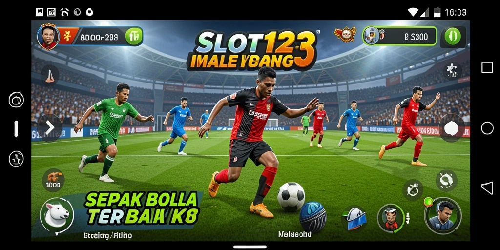 Screenshot dari gameplay intens sepak bola di SLOT123.